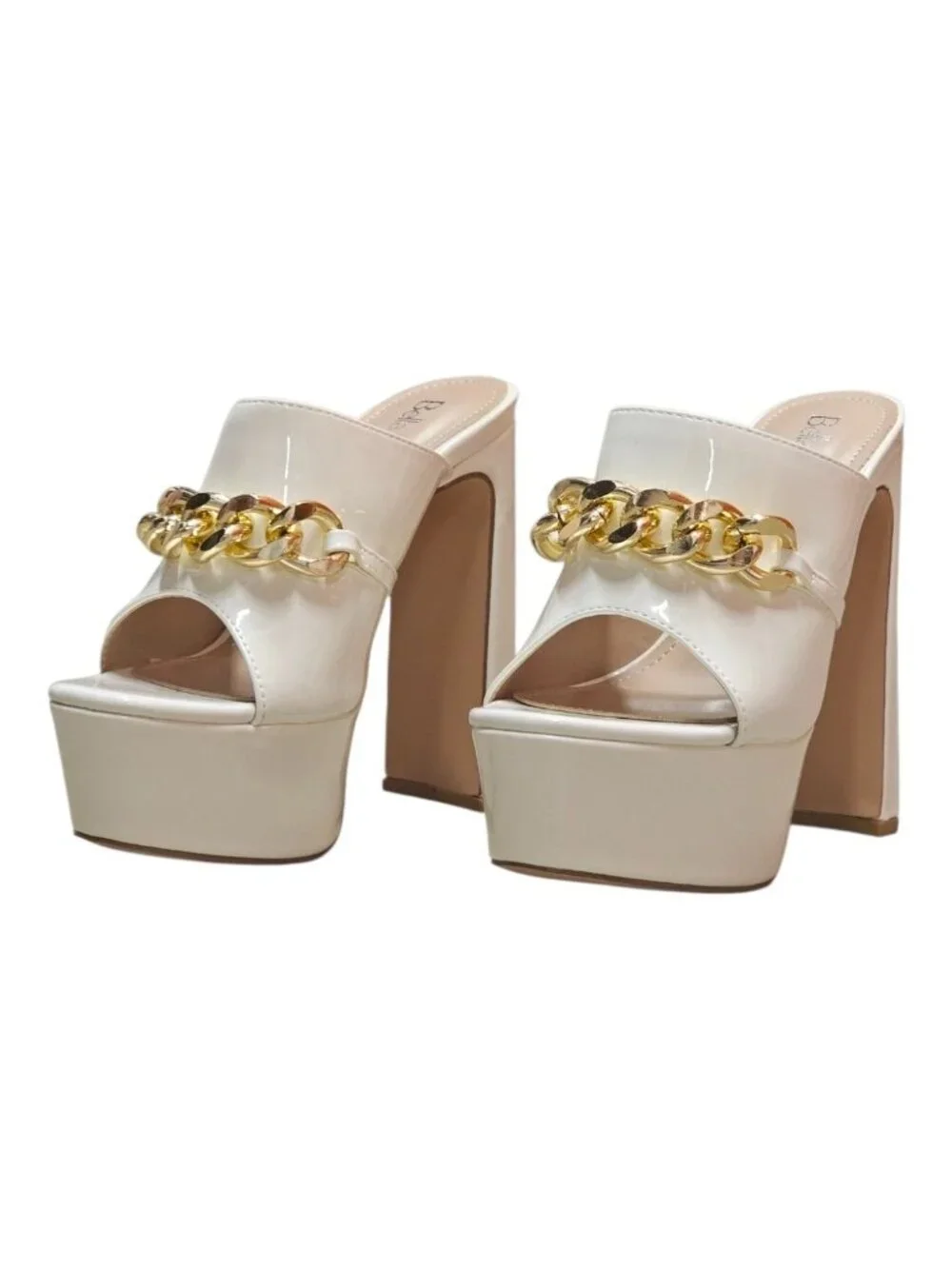 White Platform Heels With Gold Chain Detail Open Toe Patent Finish & Chunky Bloc